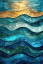 Stylistic textured ocean waves in blue and gold.