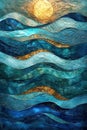 Stylistic textured ocean waves in blue and gold.