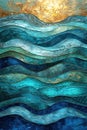 Stylistic textured ocean waves in blue and gold.