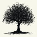 Stylized abstract black tree illustration with swirling branches and exposed roots. Minimalist organic shape against plain Royalty Free Stock Photo