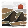 Stylized abstract mountain landscape. Painted scenery of rocks with red sun on sunset sky. Wild nature view in minimal Royalty Free Stock Photo