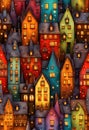 Stylized abstract snowy winter, Christmas decorated fairy fantasy houses background