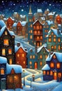 Stylized abstract snowy winter, Christmas decorated fairy fantasy houses background