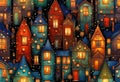 Stylized abstract snowy winter, Christmas decorated fairy fantasy houses background