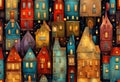 Stylized abstract snowy winter, Christmas decorated fairy fantasy houses background