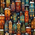 Stylized abstract snowy winter, Christmas decorated fairy fantasy houses background