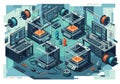 A stylized, AI-generated image depicts a modern 3D printing lab with four 3D printers in operation. Royalty Free Stock Photo