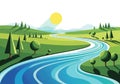 A stylized, AI-generated landscape features a winding blue river Royalty Free Stock Photo