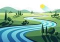 A stylized, AI-generated landscape features a winding blue river Royalty Free Stock Photo