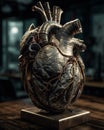 Stylized anatomical human heart made of metal and mechanisms