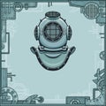 The stylized animation helmet of an ancient diving armor. A background - a frame from iron details, the steel mechanism. Royalty Free Stock Photo