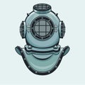 The stylized animation helmet of an ancient diving armor. Isolated on a blue background.