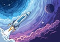 A stylized animation of a rocket launching into a colorful, swirling cosmic background. The rocket Royalty Free Stock Photo