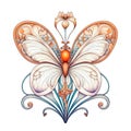 A stylized art Nouveau element with a butterfly on a white background in isolation