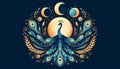 Stylized artwork features a peacock with elaborate, blue fea