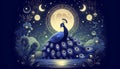 Stylized artwork features a peacock with elaborate, blue fea