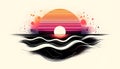 Stylized artwork of a sunset over the ocean features a large ora Royalty Free Stock Photo