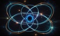 A stylized atom with blue and orange glowing orbits against a dark background Royalty Free Stock Photo
