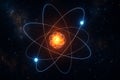 A stylized atom with electrons in a wide orbit around a complex nucleus. This visual represents a stable energy orbit in space. A Royalty Free Stock Photo