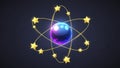 Stylized Atom Model with Glowing Stars Orbiting a Central Sphere Royalty Free Stock Photo