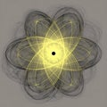 Stylized atom with swirling black and yellow energy trails in abstract scientific representation Royalty Free Stock Photo