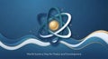 Atomic structure illustration with flowing lines and a celebratory text banner Royalty Free Stock Photo