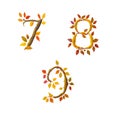 Stylized autumn leaf tree alphabet - digits 7-9