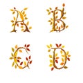 Stylized autumn leaf tree alphabet - letters A-D