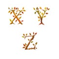 Stylized autumn leaf tree alphabet - letters X-Z