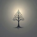 Stylized bare tree silhouette against muted light gradient. Bare branches spread wide, dark roots anchor in soft mist. Minimalist Royalty Free Stock Photo