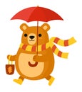 Stylized bear with umbrella. Vector autumn illustration.