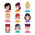 Stylized beautiful young girls and women. Cute female characters. Avatars in cartoon flat style