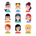 Stylized beautiful young girls and women. Female characters. Avatars in cartoon flat style