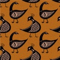 Stylized bird seamless vector pattern background. Inspired by ancient Greek pottery. Black birds on ochre burnt siena