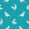 Stylized bird seamless vector pattern background. Inspired by ancient Greek pottery. Ornate white birds on aqua blue