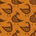 Stylized bird seamless vector pattern background. Mix of folk art and ancient Greece style ochre burnt siena backdrop