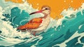 Vibrant Shorebird Riding Ocean Waves: A Stunning Illustration Royalty Free Stock Photo