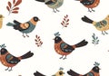 Stylized birds and decorative branches form a seamless pattern on Royalty Free Stock Photo