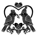 Stylized birds and hearts, symmetrical composition.