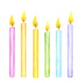 Stylized birthday burning candles in a row. Pastel rainbow colors. Happy birthday sketch. Hand drawn watercolor Royalty Free Stock Photo