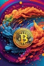 stylized Bitcoin coin exploding into a burst of rainbow-hued digital particles