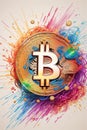 stylized Bitcoin coin exploding into a burst of rainbow-hued digital particles