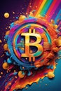 stylized Bitcoin coin exploding into a burst of rainbow-hued digital particles