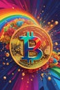 stylized Bitcoin coin exploding into a burst of rainbow-hued digital particles