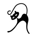 A stylized black cat stretches. Black and white image on a white isolated background. Vector illustration