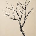 Stylized black ink illustration of a bare deciduous tree on a light background branches Royalty Free Stock Photo