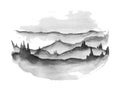 Stylized black ink wash painting with misty forest trees on white background. Traditional oriental ink painting
