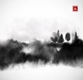 Stylized black ink wash painting with misty forest trees on white background. Traditional oriental ink painting sumi-e