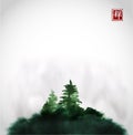 Stylized black ink wash painting with pine trees on green hill in mist. Traditional oriental ink painting sumi-e, u-sin