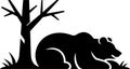 Stylized Black Silhouette of a Bear Resting by a Tree Royalty Free Stock Photo